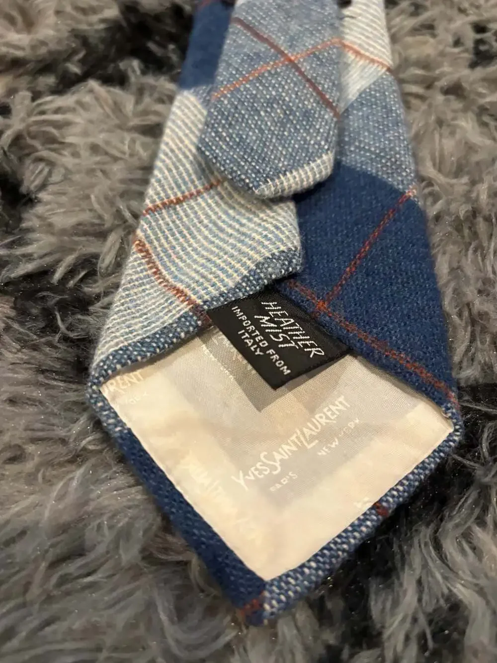 Vintage Yves Saint Laurent Blue Plaid Heather Mist Wool Necktie